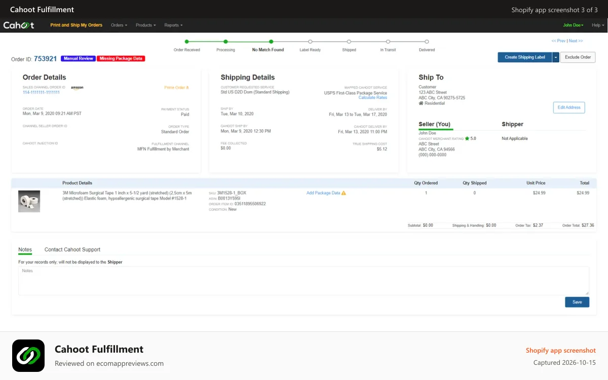 Cahoot Fulfillment Shopify app screenshot: Cahoot Sales Order Screen