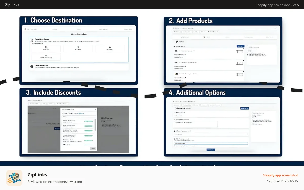 ZipLinks Shopify app screenshot: build direct to checkout and preloaded cart links with ziplinks