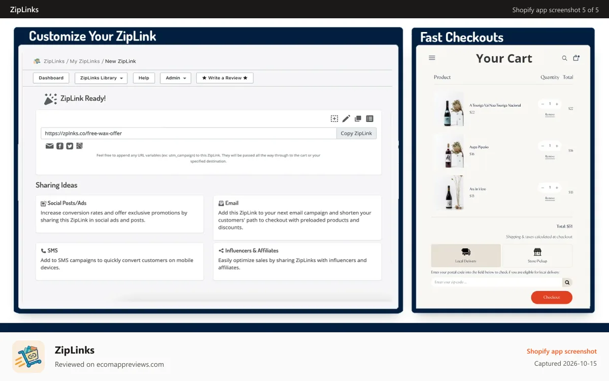 ZipLinks Shopify app screenshot: quickly configure and preload links with the app, share anywhere