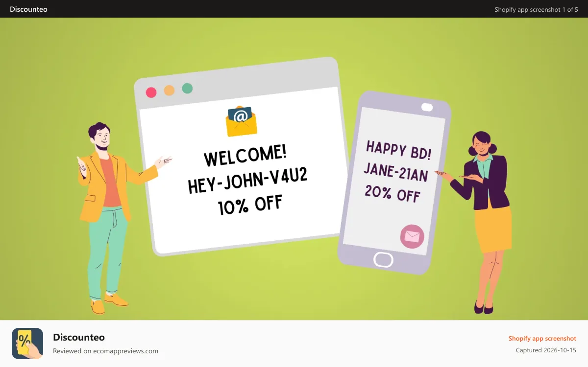 Discounteo Shopify app screenshot: Emails with unique discount codes.