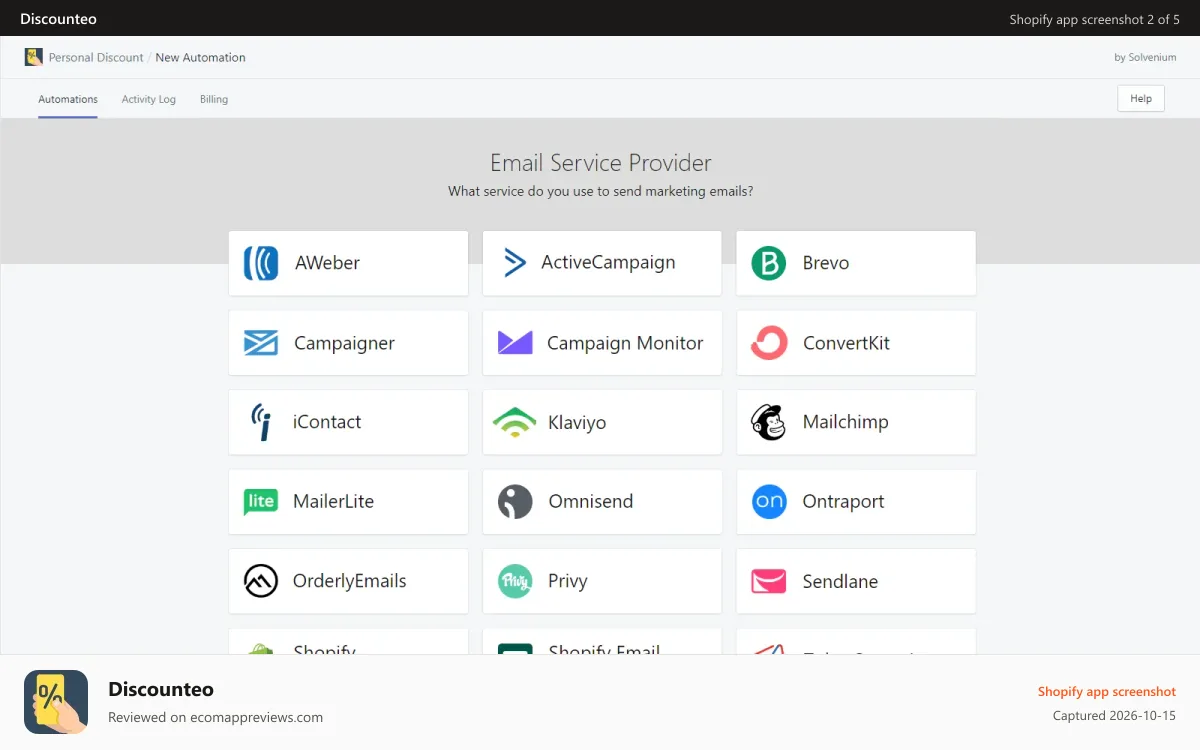 Discounteo Shopify app screenshot: Select Email Marketing Service