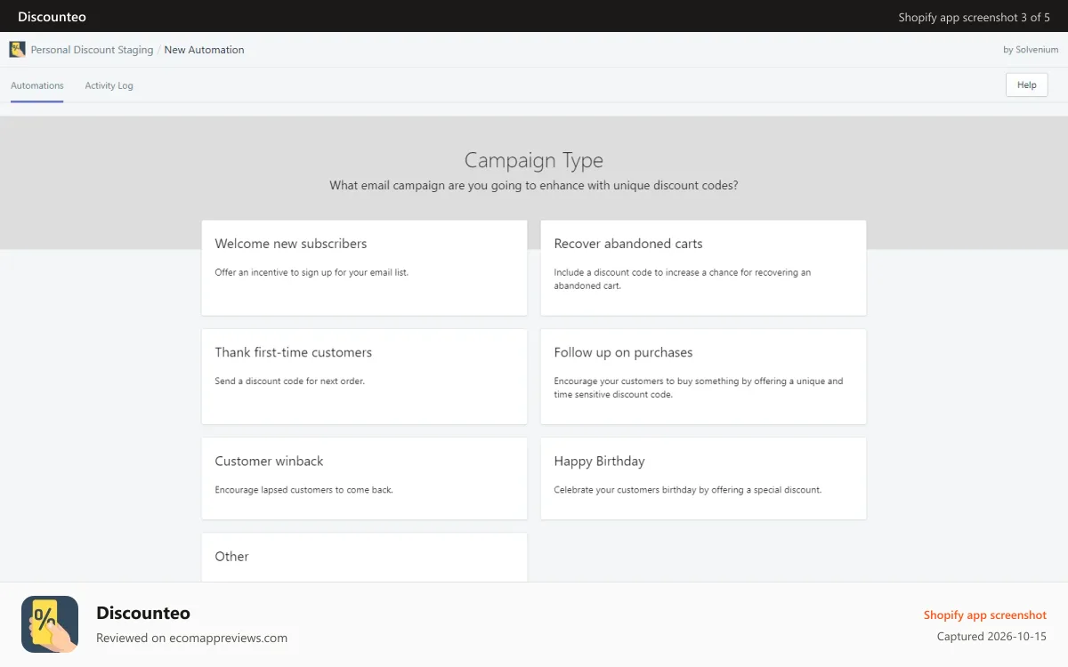 Discounteo Shopify app screenshot: Select Campaign Type