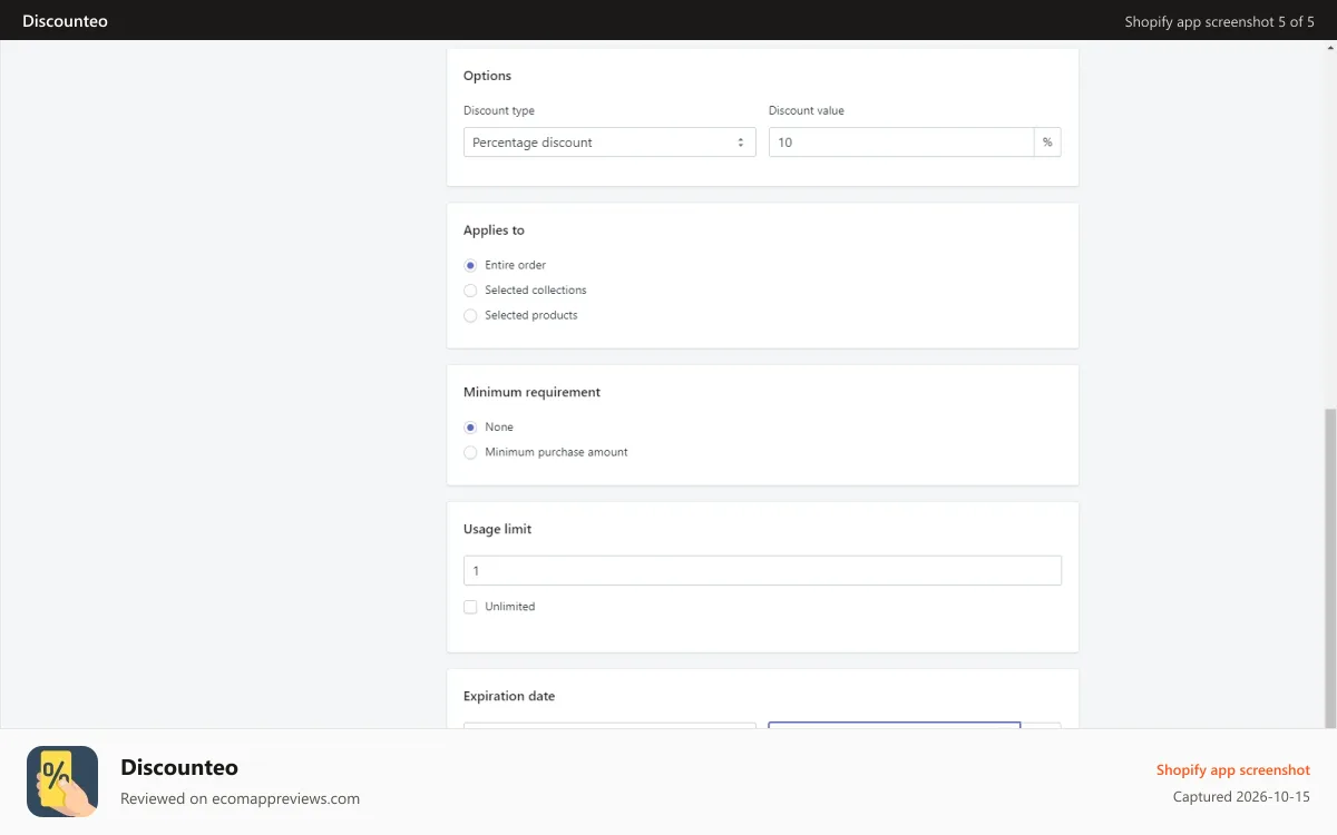 Discounteo Shopify app screenshot: Discounteo Settings - Part 2