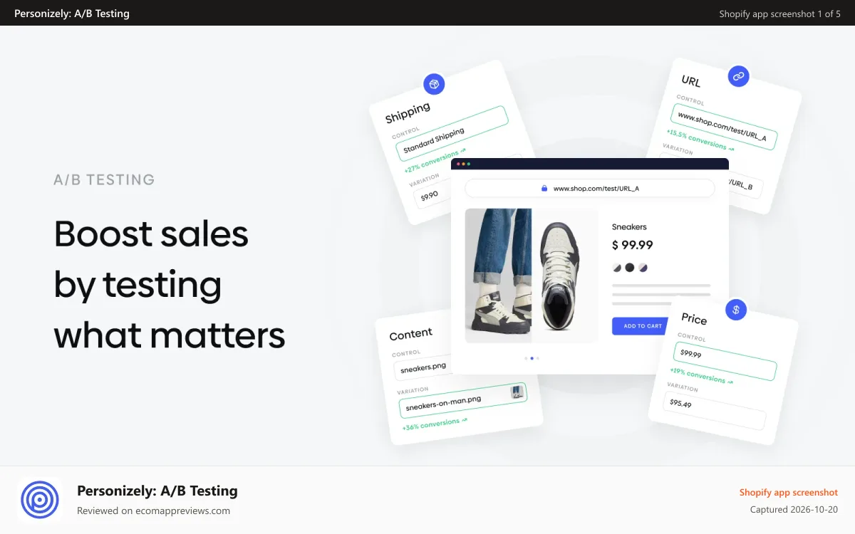 Personizely: A/B Testing Shopify app screenshot: A/B test prices, shipping, content, and URLs on product pages
