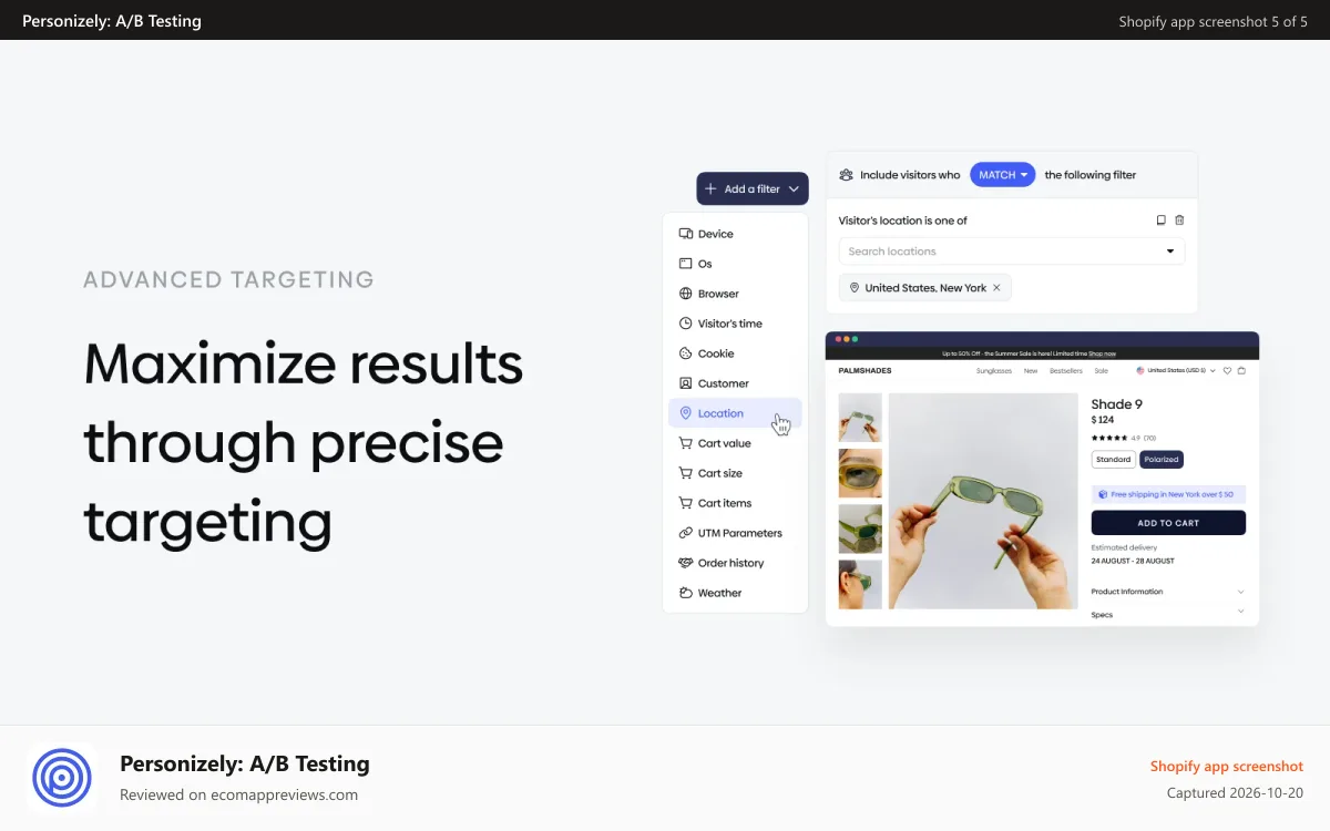 Personizely: A/B Testing Shopify app screenshot: Target and A/B testing setup with user segments