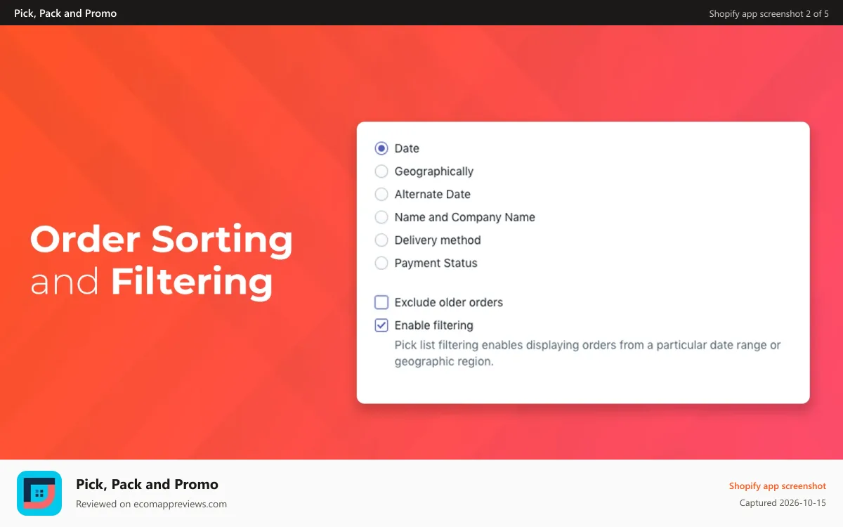 Pick, Pack and Promo Shopify app screenshot: Order Sorting and Filtrating