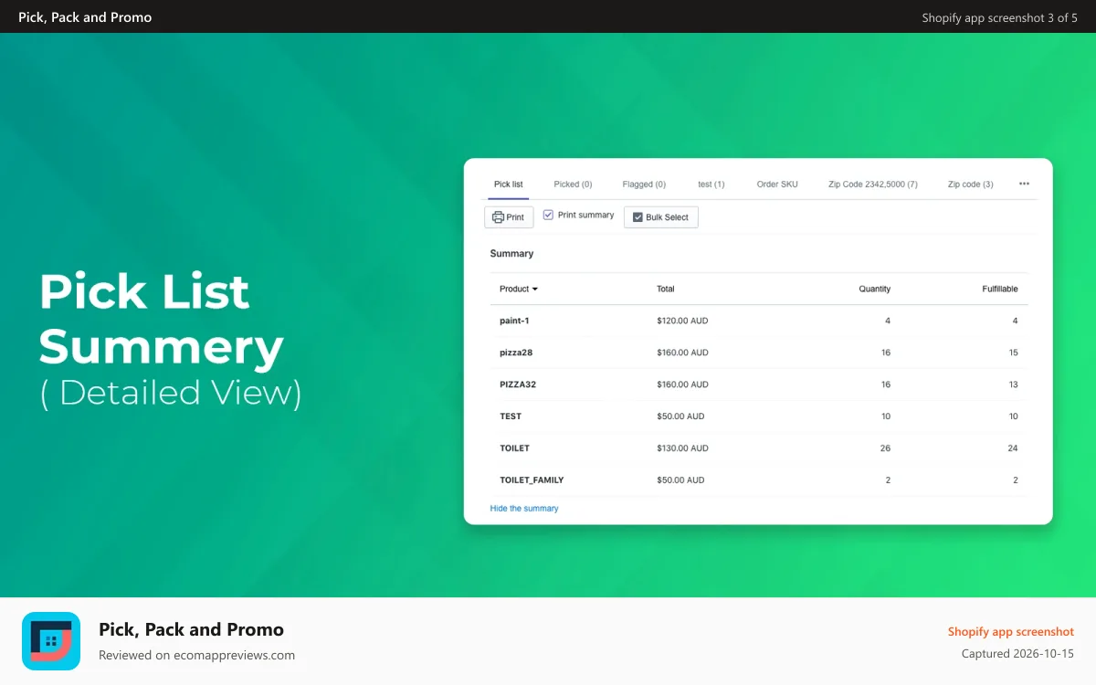 Pick, Pack and Promo Shopify app screenshot: Picklist Summery