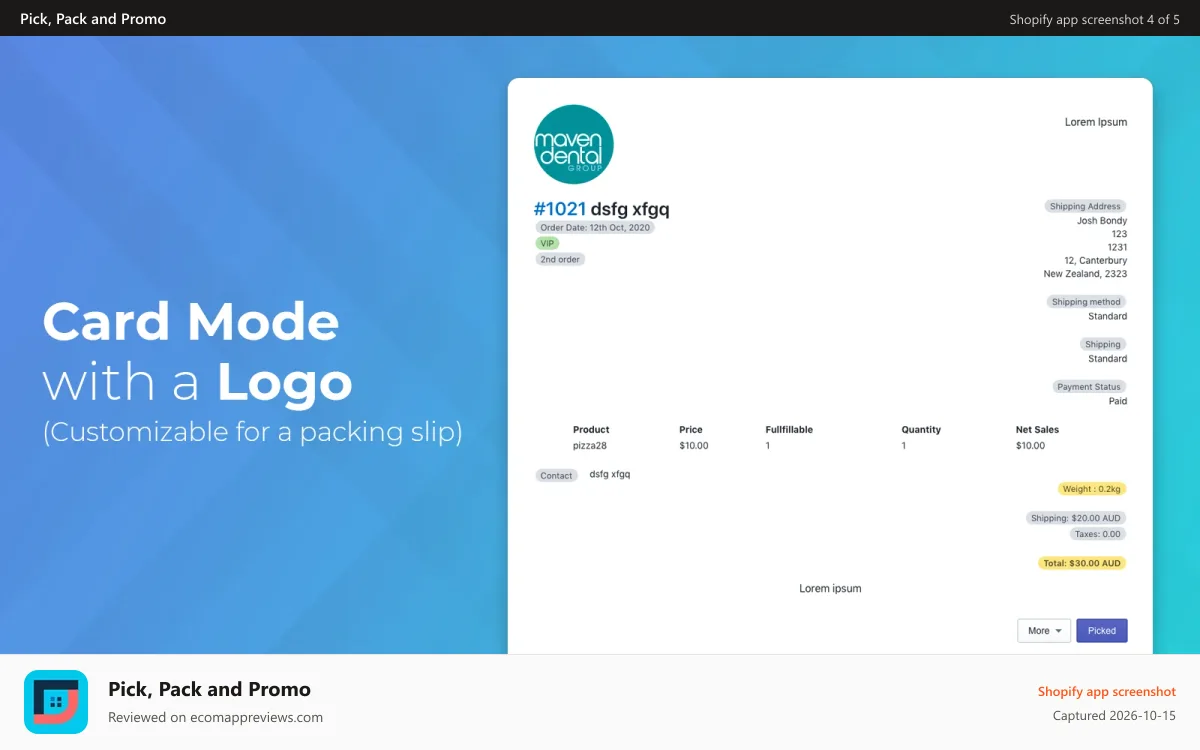 Pick, Pack and Promo Shopify app screenshot: Card mode with a logo and all information for a packing slip