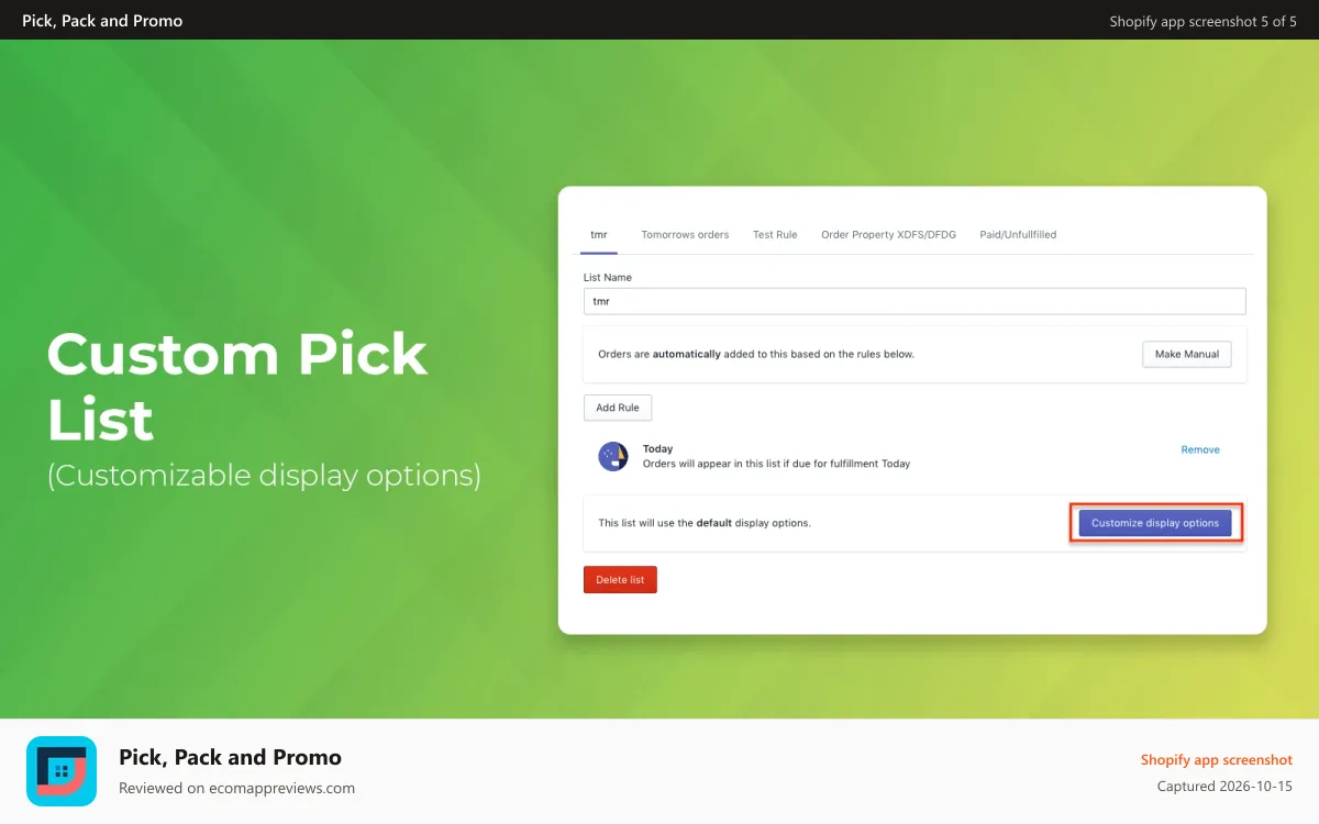 Pick, Pack and Promo Shopify app screenshot: Custom Pick List