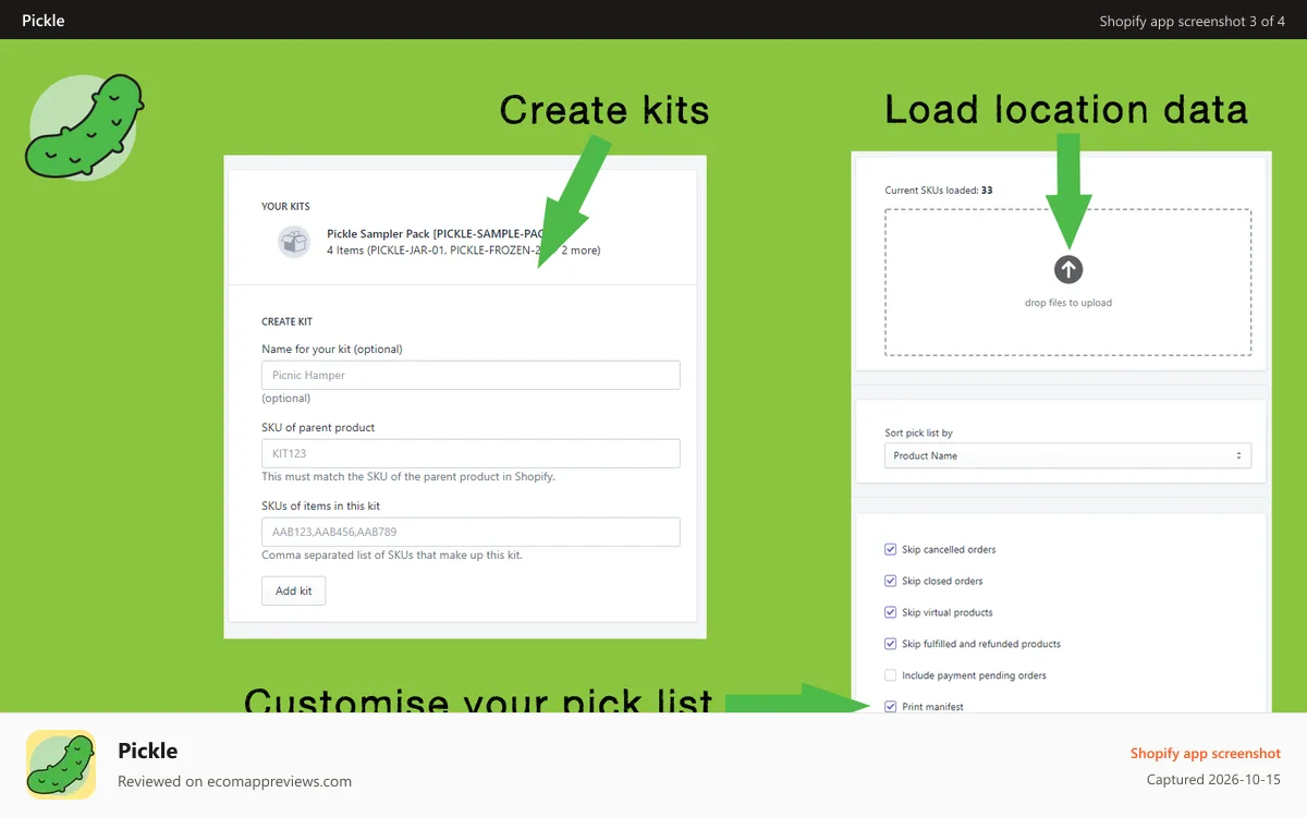Pickle Shopify app screenshot: Configure your pick lists