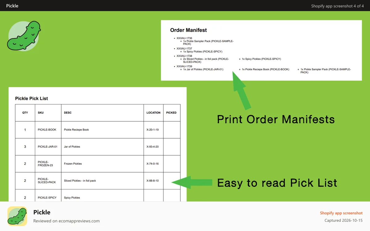 Pickle Shopify app screenshot: Print easy to read pick list and order manifests
