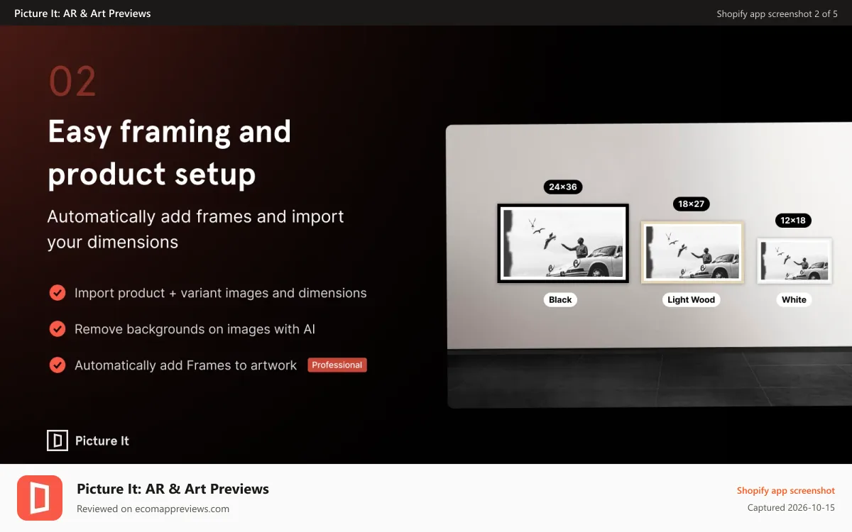 Picture It: AR & Art Previews Shopify app screenshot: Picture It: Automatically add frames to shopify art products