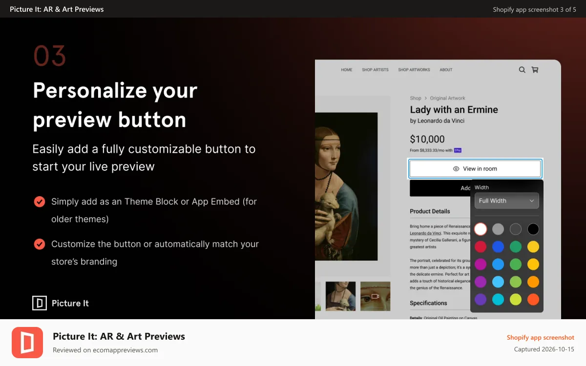 Picture It: AR & Art Previews Shopify app screenshot: Picture It: Customize live previews within your Shopify store