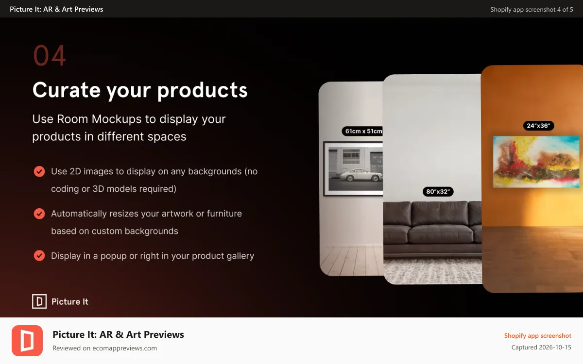 Picture It: AR & Art Previews Shopify app screenshot: Picture It: Place artwork on room mockups to preview art