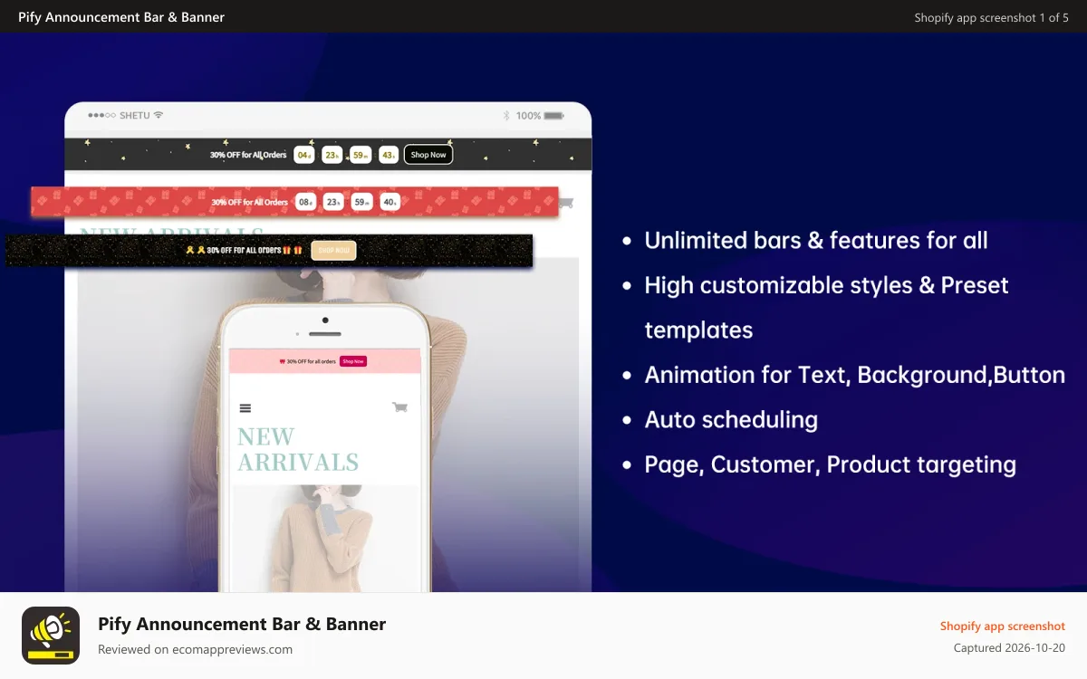 Pify Announcement Bar & Banner Shopify app screenshot: High-Converting Sales and Discounts Bars