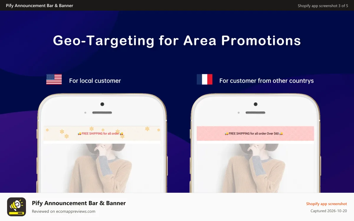 Pify Announcement Bar & Banner Shopify app screenshot: Geo-Targeting for Area Promotions
