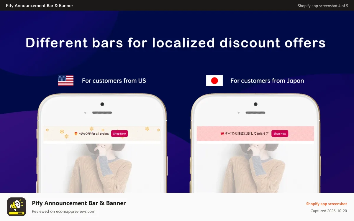 Pify Announcement Bar & Banner Shopify app screenshot: Different bars for localized discount offers