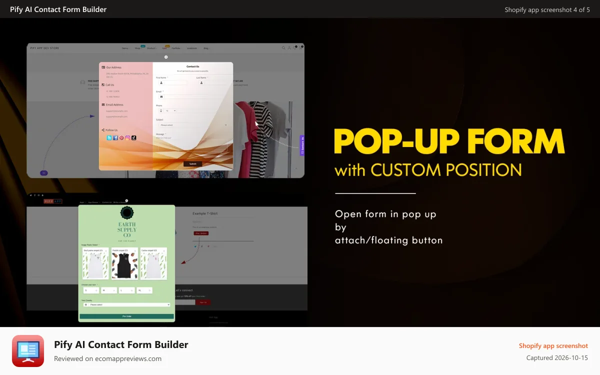 Pify AI Contact Form Builder Shopify app screenshot: Popup/Auto Open forms