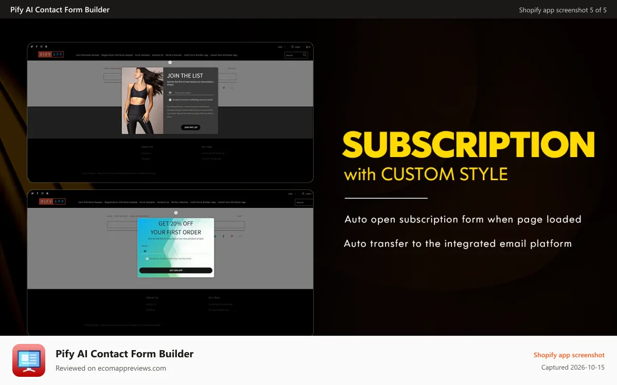 Pify AI Contact Form Builder Shopify app screenshot: Subscription forms