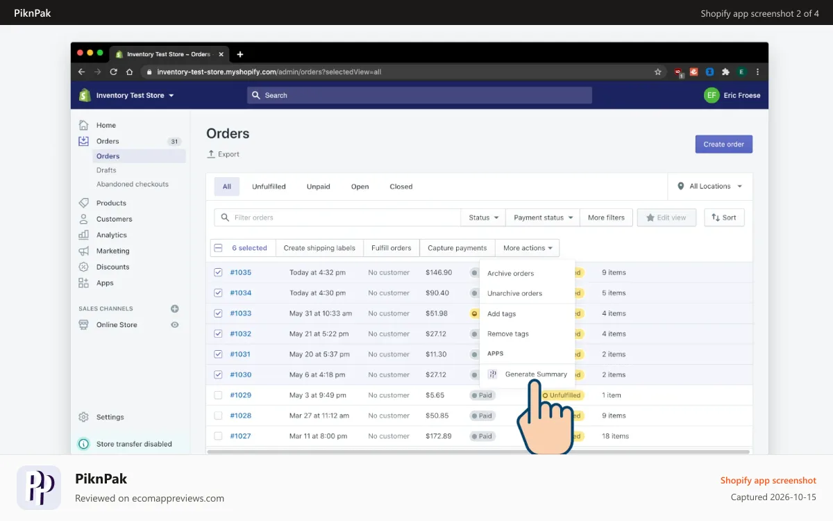 PiknPak Shopify app screenshot: Generate summary from orders page