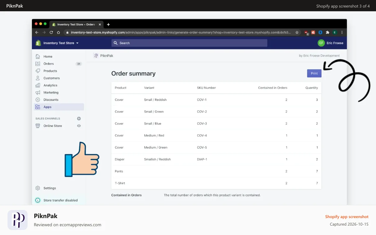 PiknPak Shopify app screenshot: Review summary and click print