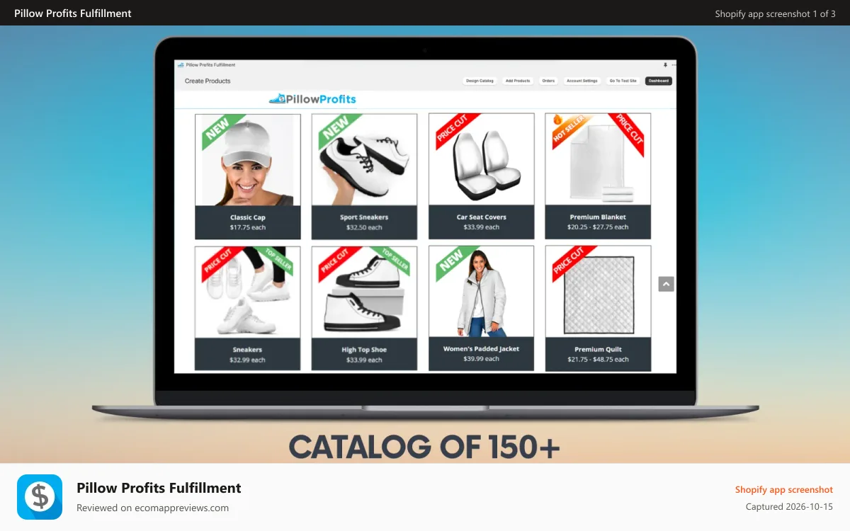 Pillow Profits Fulfillment Shopify app screenshot: Print-on-demand product catalog in-app