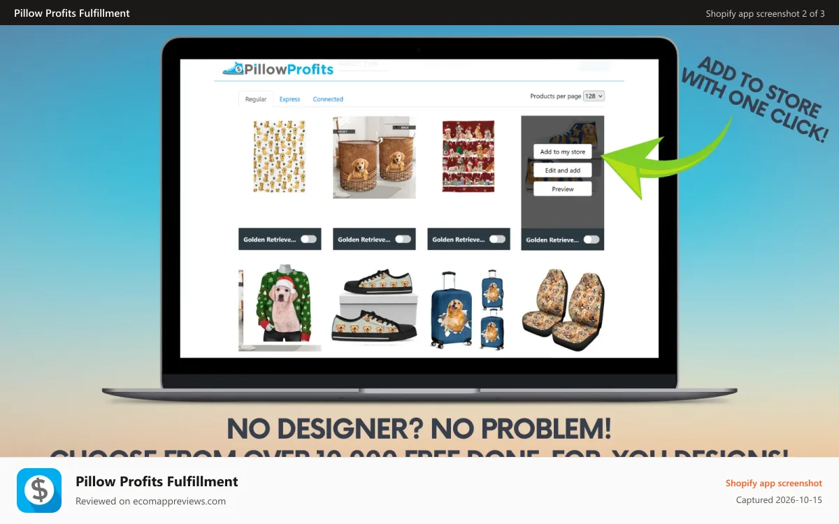 Pillow Profits Fulfillment Shopify app screenshot: Free design catalog 10,000+ designs available to sell