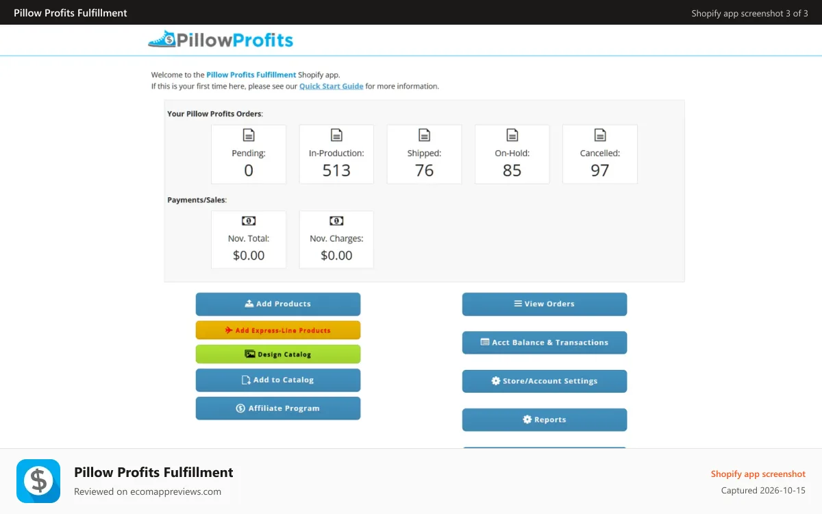 Pillow Profits Fulfillment Shopify app screenshot: App desktop interface, simple and easy to use