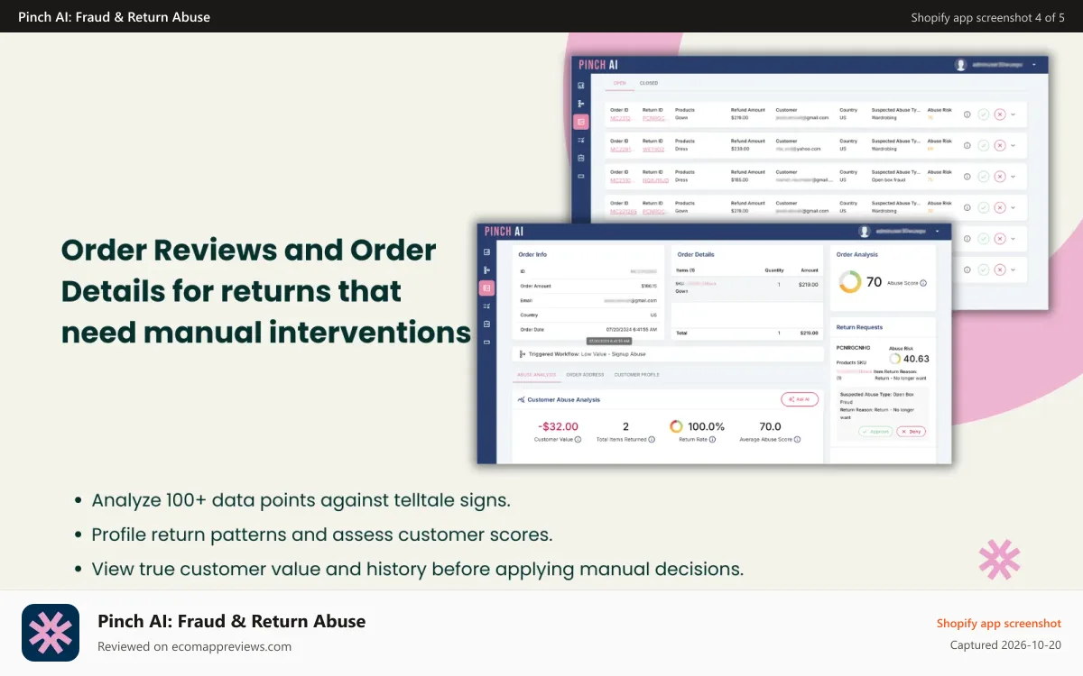 Pinch AI: Fraud & Return Abuse Shopify app screenshot: Order Reviews and Details