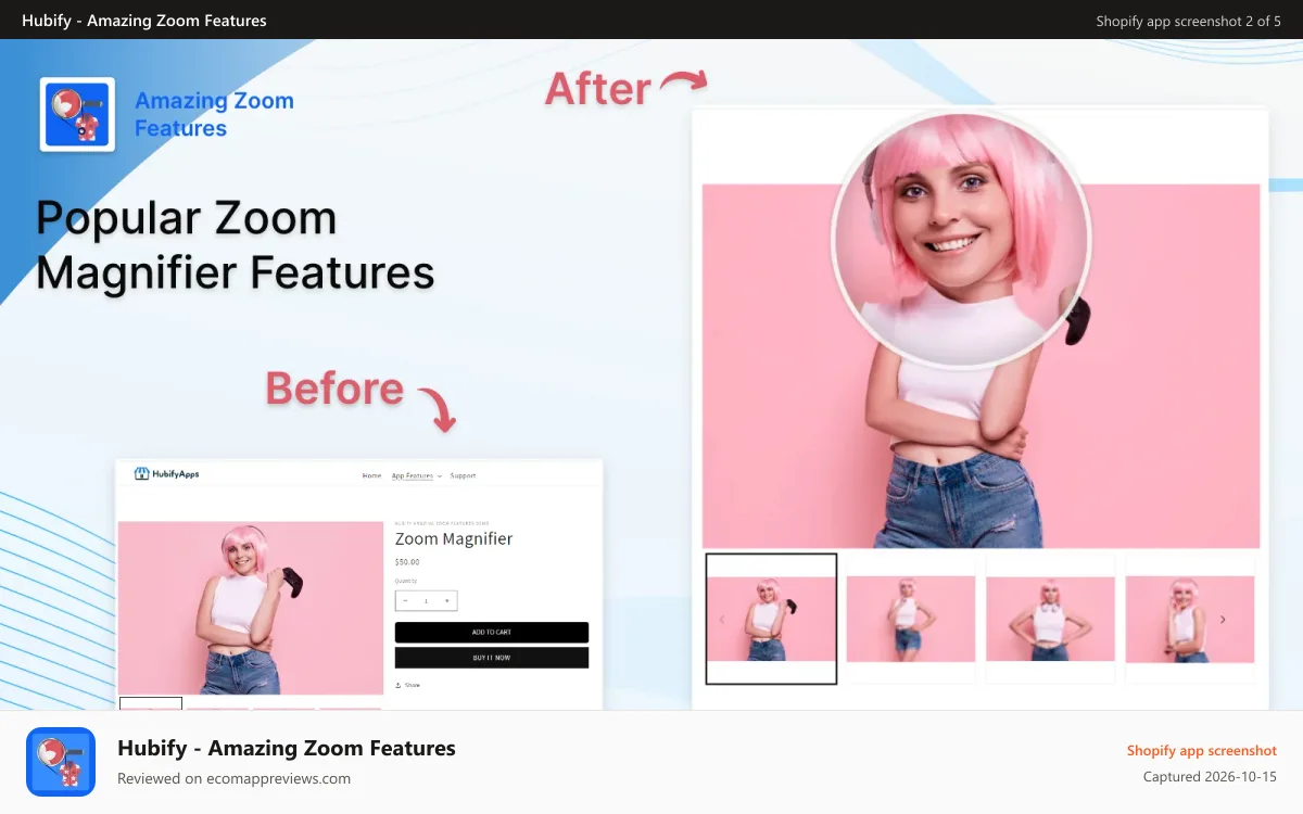 Hubify ‑ Amazing Zoom Features Shopify app screenshot: Popular zoom magnifier feature