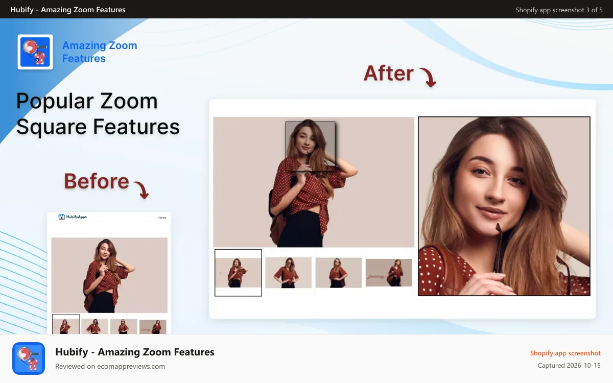 Hubify ‑ Amazing Zoom Features Shopify app screenshot: Popular square zoom feature
