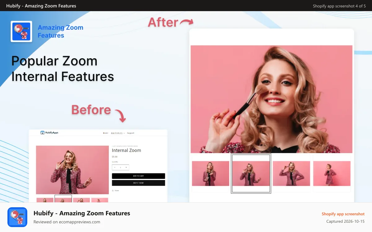 Hubify ‑ Amazing Zoom Features Shopify app screenshot: Popular internal zoom feature
