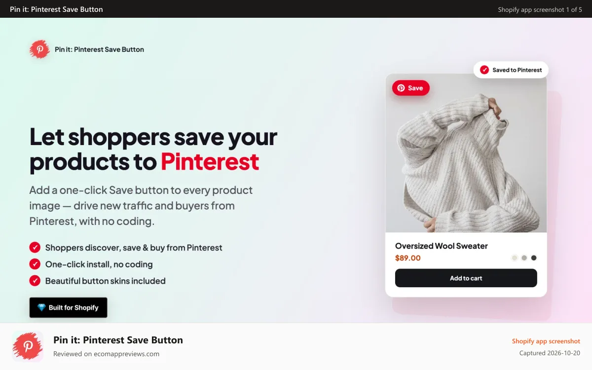 Pin it: Pinterest Save Button Shopify app screenshot: Pin It: Pinterest Save Button