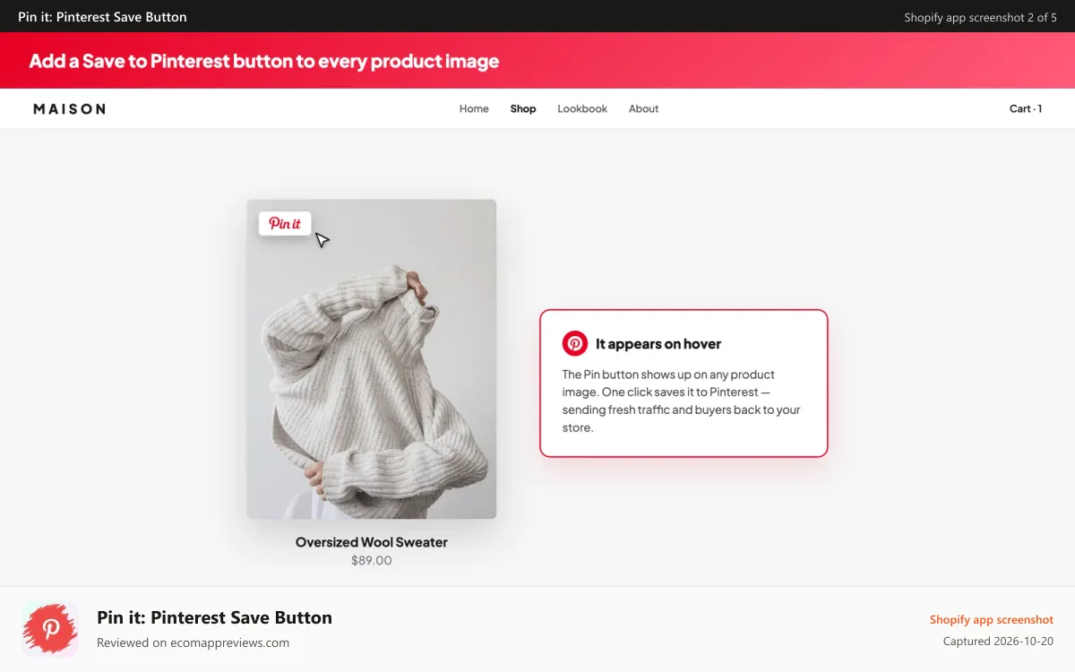 Pin it: Pinterest Save Button Shopify app screenshot: Add a Save to Pinterest button to every product image
