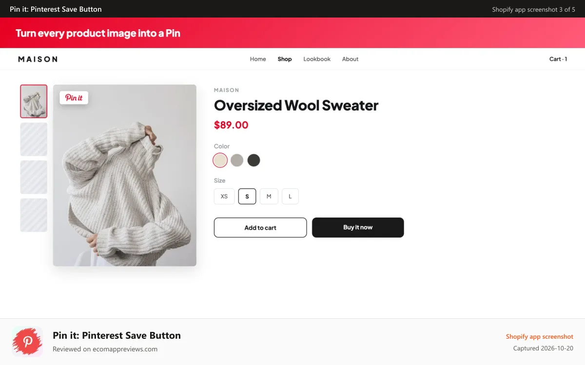 Pin it: Pinterest Save Button Shopify app screenshot: Works on collection & product pages
