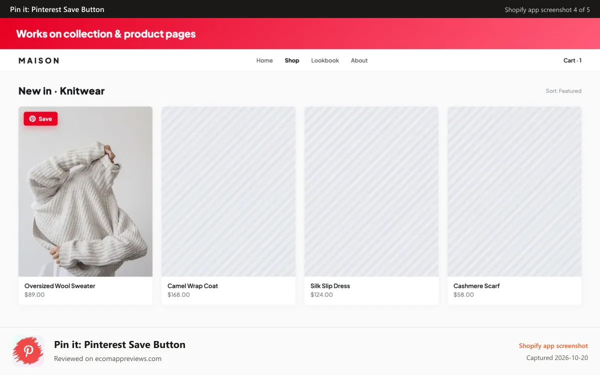 Pin it: Pinterest Save Button Shopify app screenshot: Turn every product image into a Pin