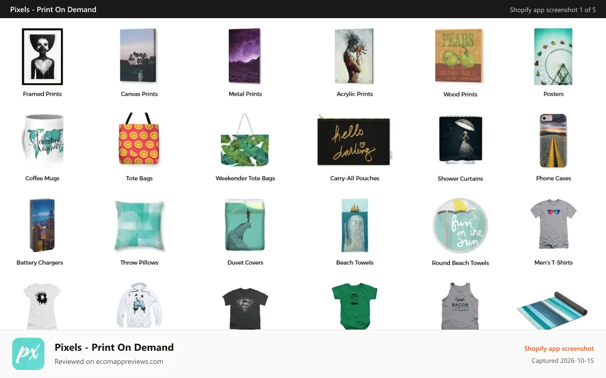 Pixels ‑ Print On Demand Shopify app screenshot: Add Hundreds of Products to Shopify in Seconds