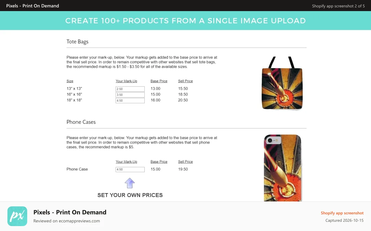 Pixels ‑ Print On Demand Shopify app screenshot: Create 100+ Print-On-Demand Products From a Single Image Upload