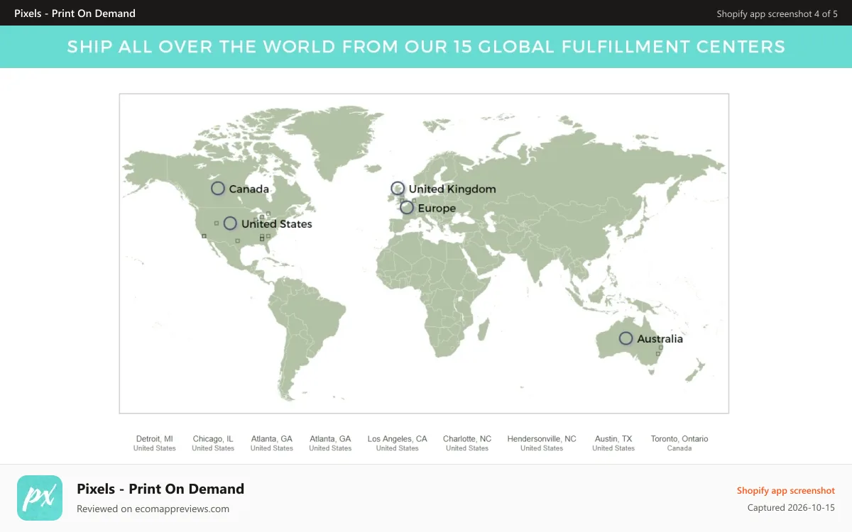 Pixels ‑ Print On Demand Shopify app screenshot: Ship Globally from our 15 Fulfillment Centers in 5 Countries