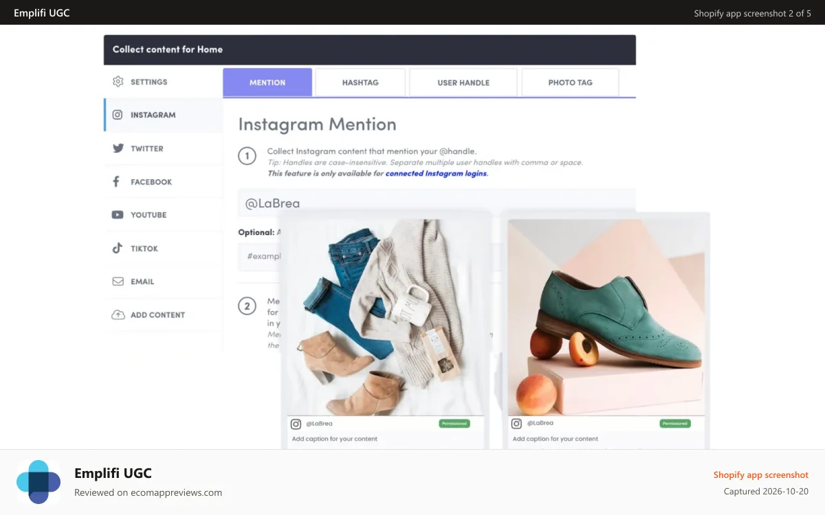 Emplifi UGC Shopify app screenshot: UGC collection by social platform
