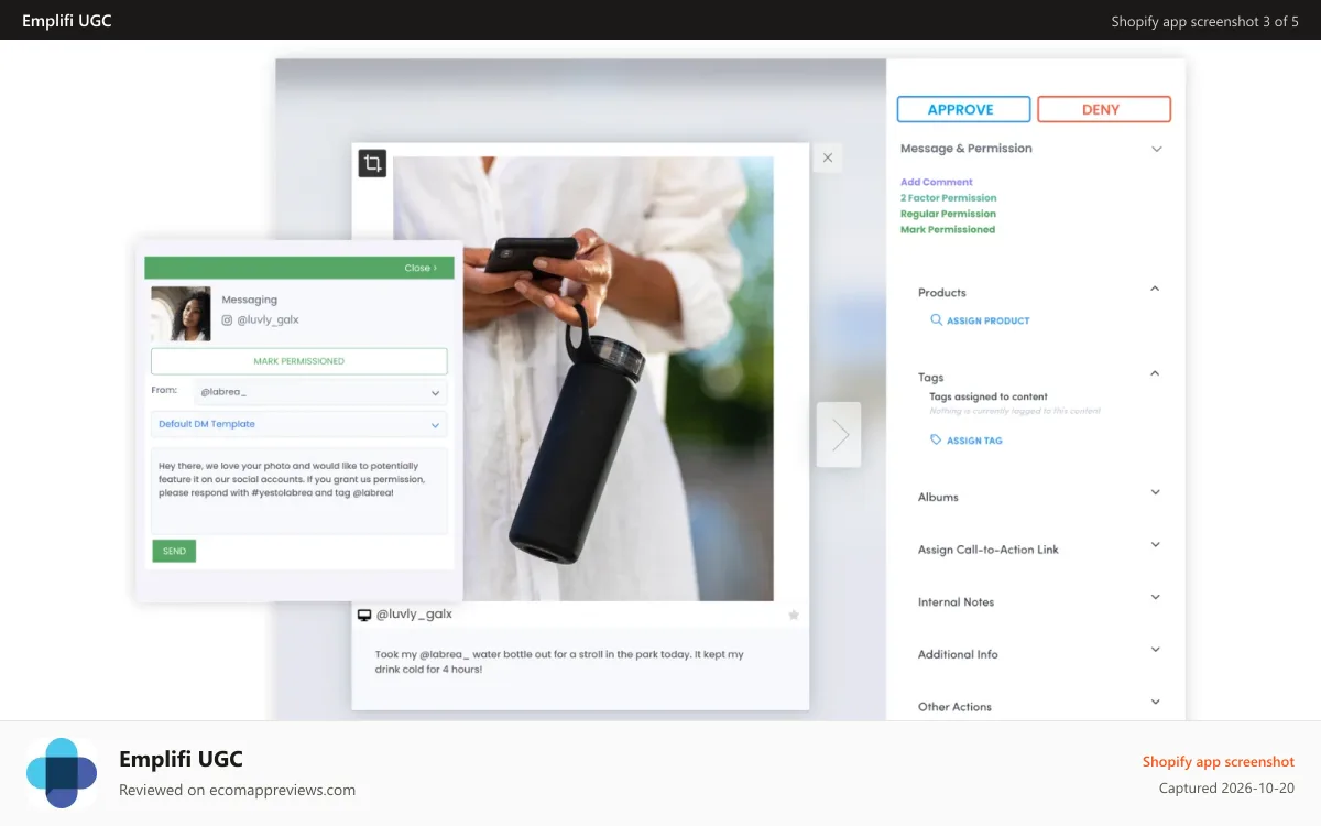 Emplifi UGC Shopify app screenshot: UGC approval and product tagging
