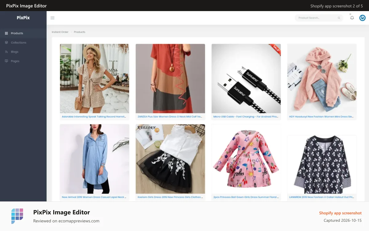 PixPix Image Editor Shopify app screenshot: Main Interface