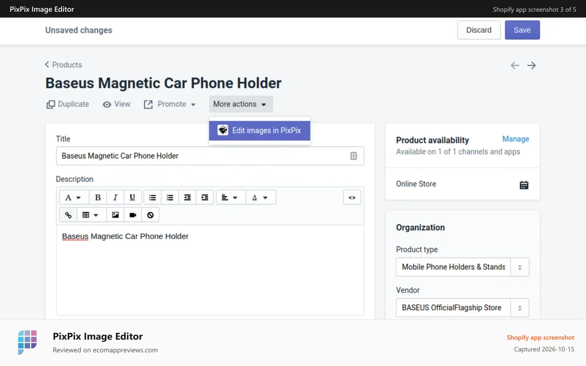 PixPix Image Editor Shopify app screenshot: Quick images access