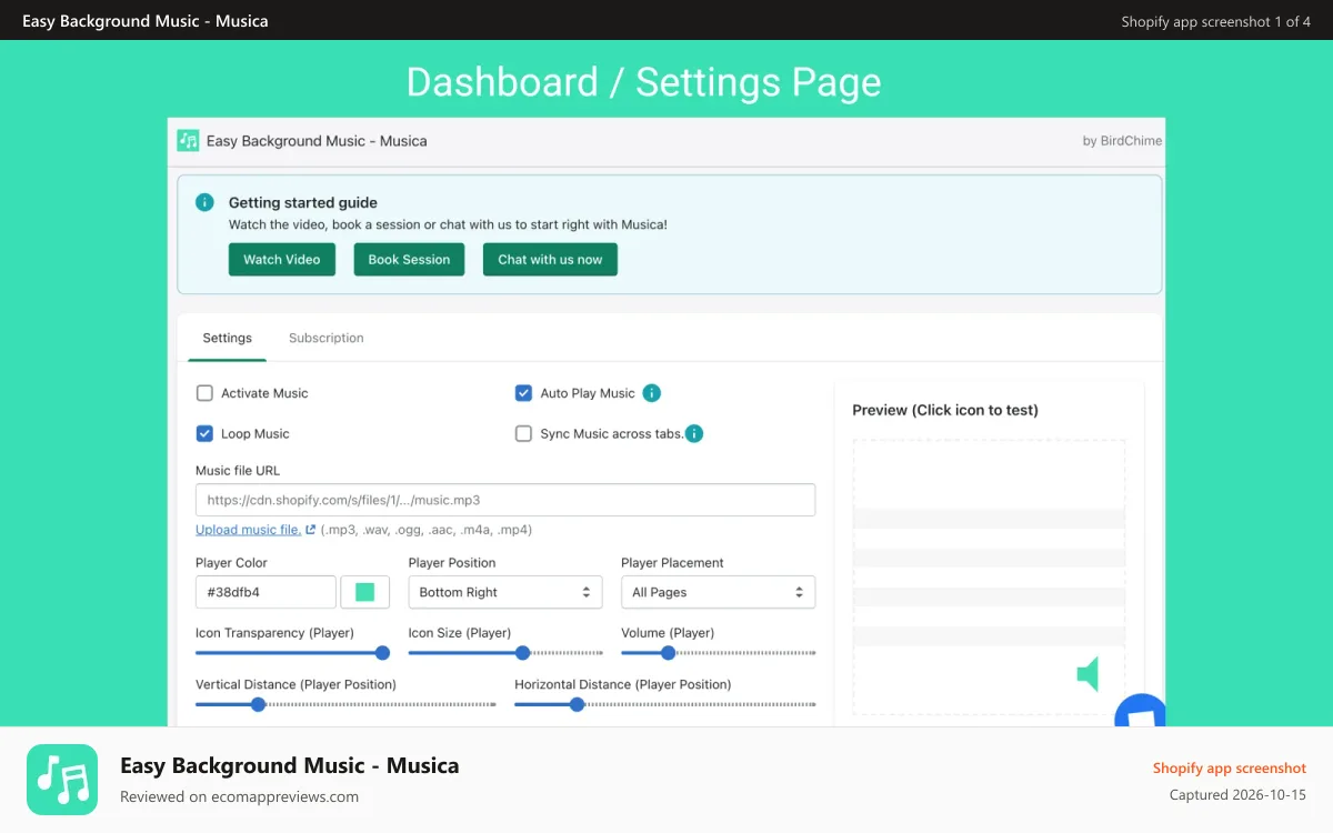 Easy Background Music ‑ Musica Shopify app screenshot: Add background music to your Shopify store
