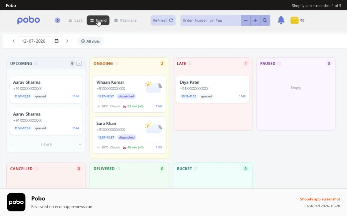 Pobo Shopify app screenshot: Order dashboard (Kanban board with orders in columns)