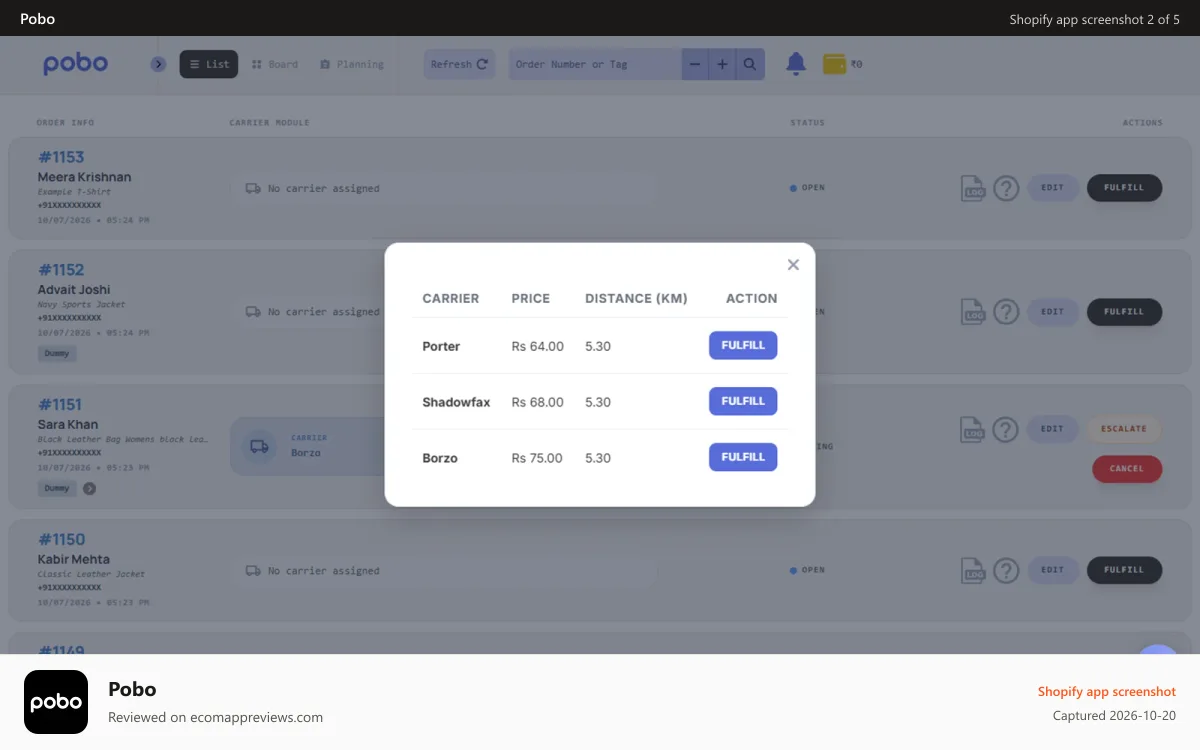 Pobo Shopify app screenshot: Carrier rate comparison on an order