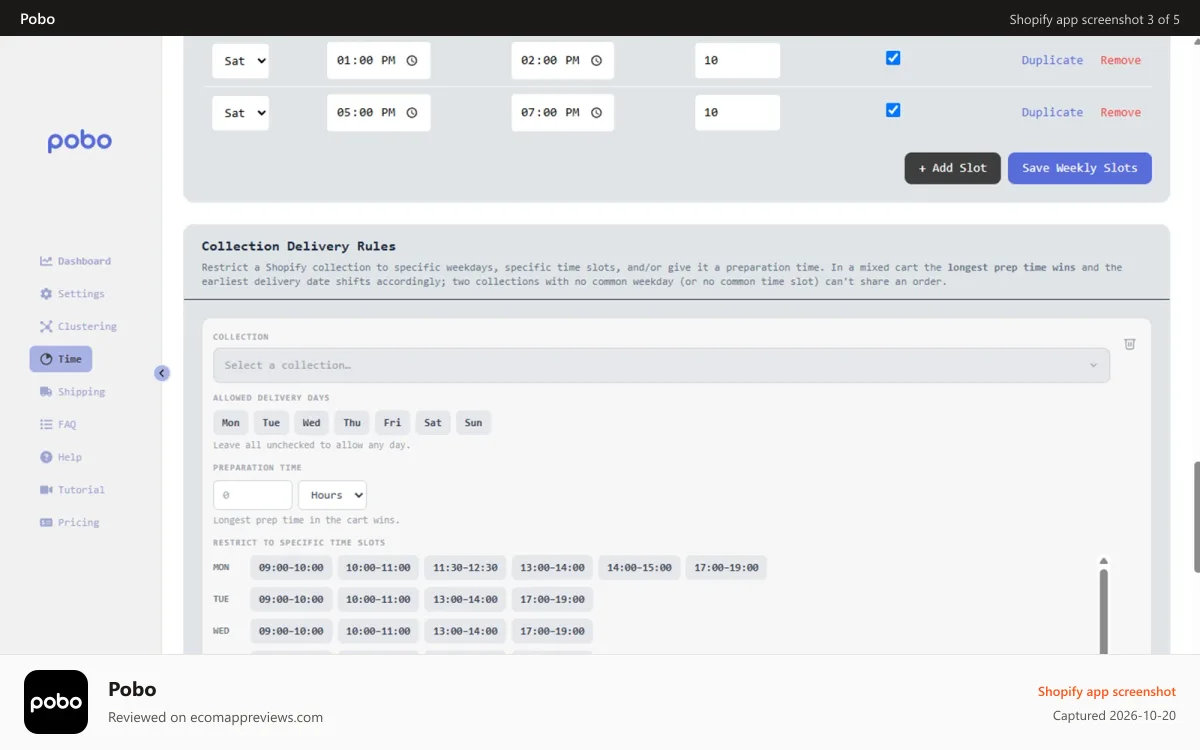 Pobo Shopify app screenshot: Time & Date settings