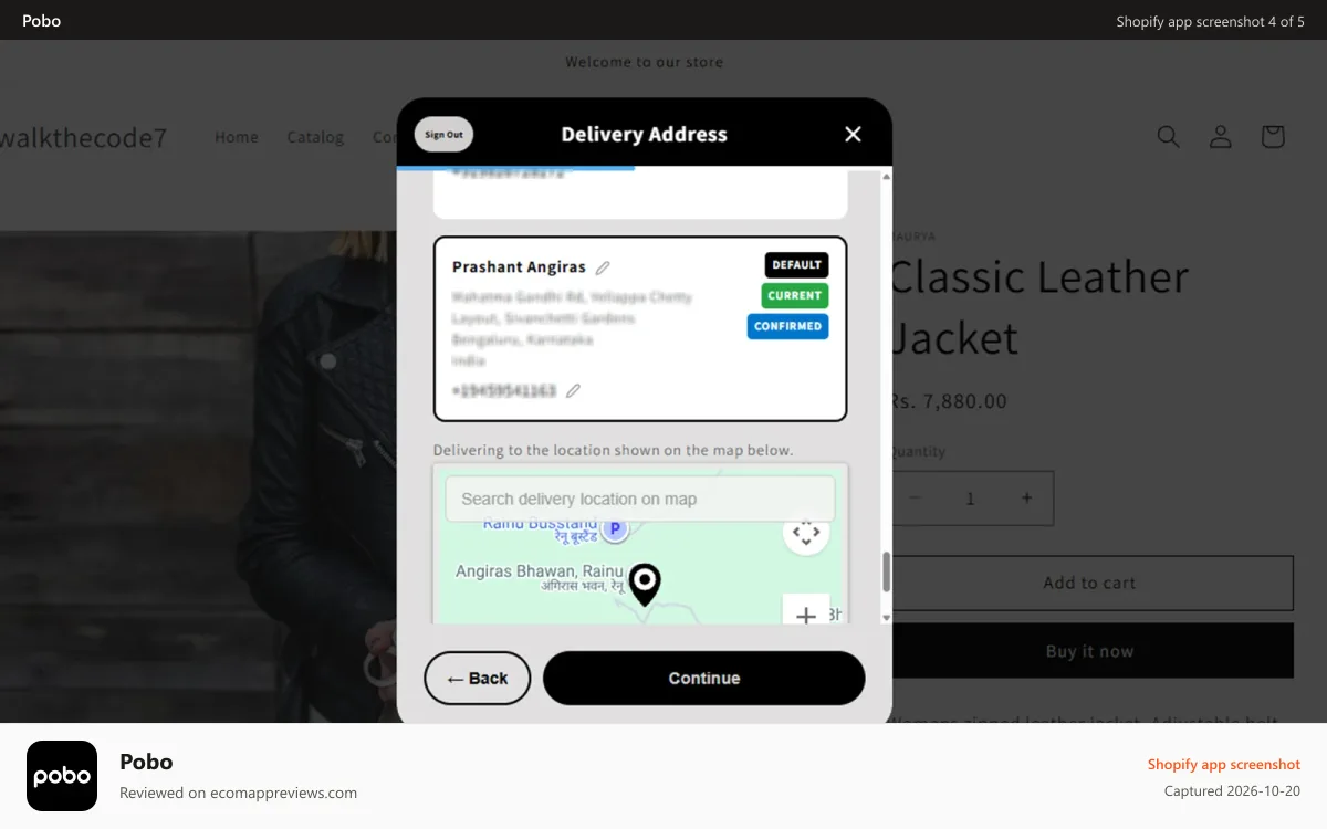 Pobo Shopify app screenshot: Pod — map pin address selection on the storefront