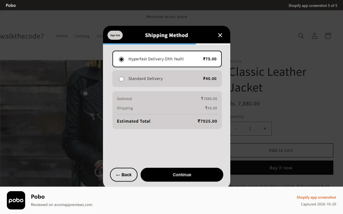 Pobo Shopify app screenshot: Pod — select shipping method