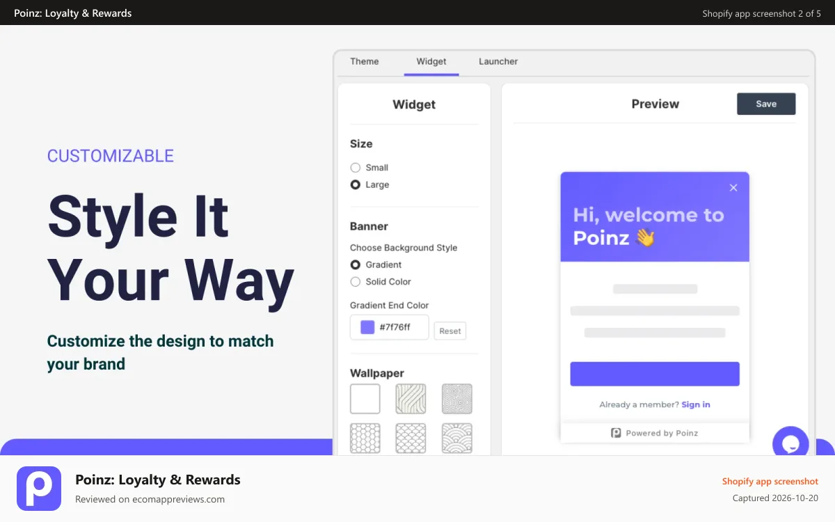 Poinz: Loyalty & Rewards Shopify app screenshot: Customize the design to match your brand